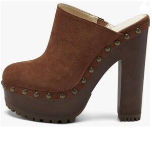 XYD Brown Lug Platform Super High Heels Clog Mules Studded Round Toe Sandals